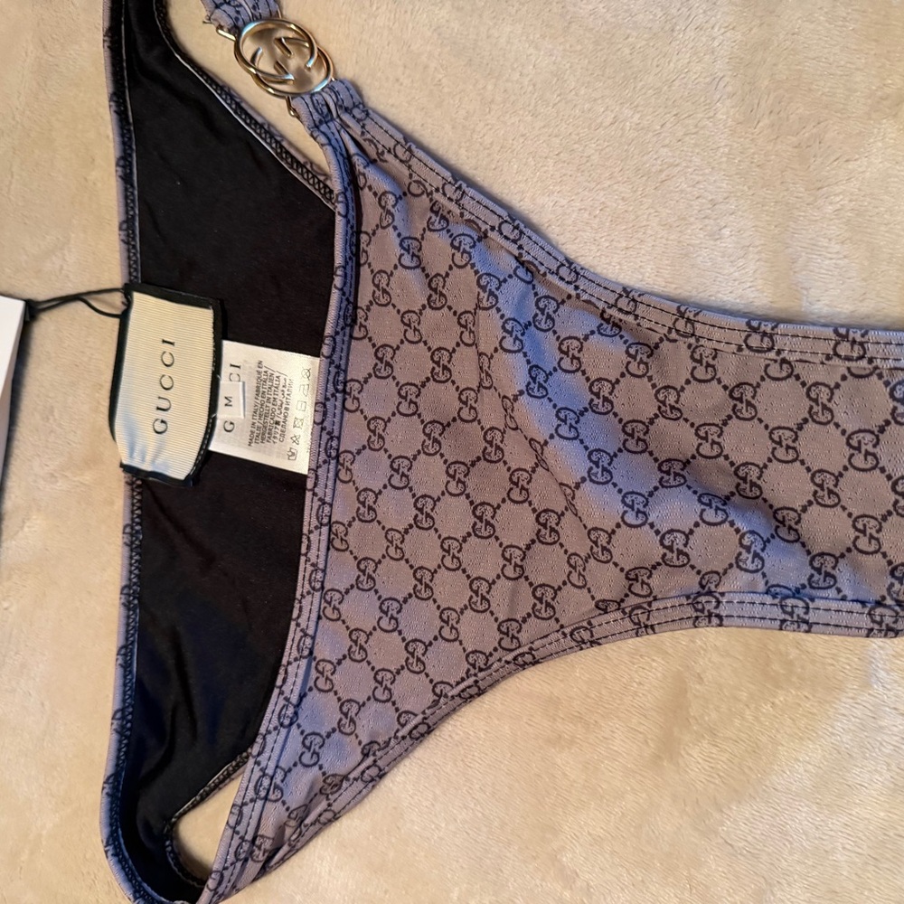 Gucci Blue Monogram Bikini Bottom and Top with Gold Accent